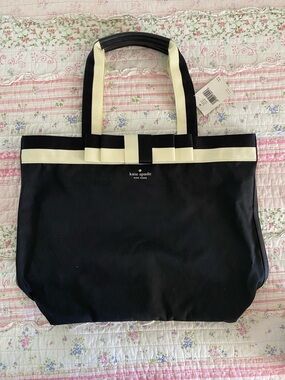 kate spade Black and Cream Nylon Tote with Striped Handles
